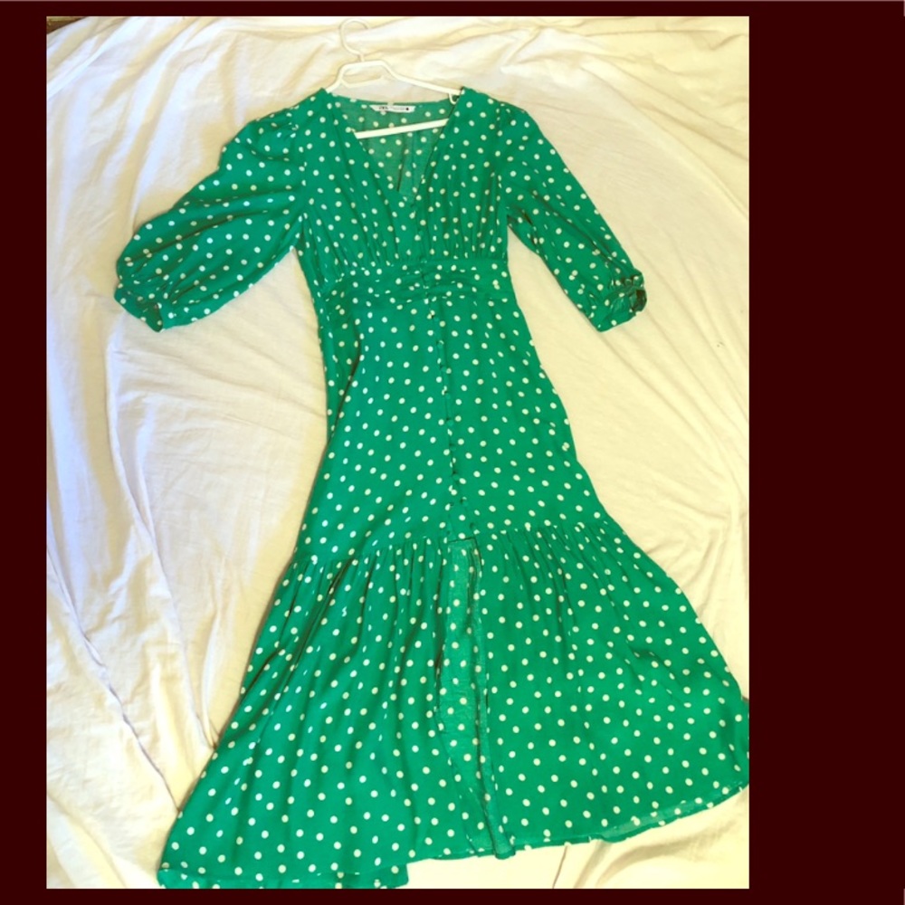 ZARA long green polka dot dress